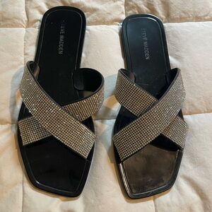 Steve Madden Black Sandals with silver rhinestone cross straps.